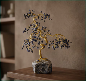 Lapis Lazuli Tree Sculpture Carved with Gold <b>Wire</b> Art on Stone Base for Home Feng Shui Decoration - Product Image 6