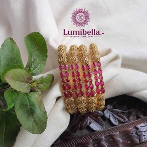 24K Gold Plated <b>Copper</b> & Brass <b>Bangles</b> Combo-Emerald Cut & Flower Design Trendy Classic Bracelets - Product Image 1