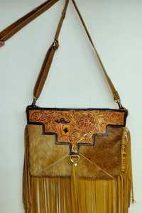 Vintage Geometric Kilim Basketweave <b>Leather</b> Lady Handbag | Genuine <b>Leather</b> <b>Tooled</b> Fringe Shoulder Bag | Ethnic Western Clutch - Product Image 3