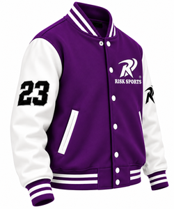 Chaqueta Varsity Unisex de Lana Mezclada, Color Morado y Blanco, Cuello Alto, Cierre de Botones, Ropa Deportiva para Equipos - Product Image 1