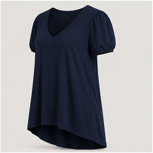 T-shirt tunique décontracté pour femme, bleu foncé, col en V, manches courtes bouffantes, WTS-0019 - Product Image 3