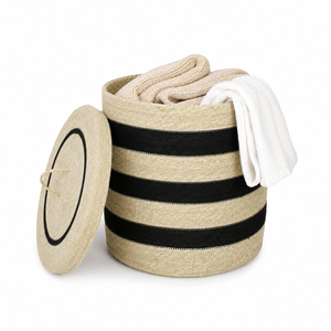 Cesta de Almacenamiento de Fibra Natural de Pasto Marino con Tapa y Asas para Organización de Ropa, Contenedor de Estilo Nórdico Moderno, Ecológico para el Hogar - Product Image 1