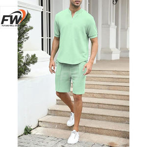 Conjunto de verano informal de 2 piezas para hombre, de punto, de alta calidad, transpirable, con camiseta de manga corta y pantalones cortos. - Product Image 6