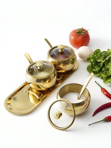 Ensemble de 3 pots à épices en métal doré avec couvercles en verre, boutons en cristal, cuillères et plateau, ensemble de condiments de luxe - Product Image 3