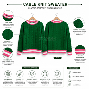 Cardigan à col rond en tricot vert personnalisé avec logo de la sororité Cosh International Sisterhood, manches longues, ourlet rayé contrastant - Product Image 6