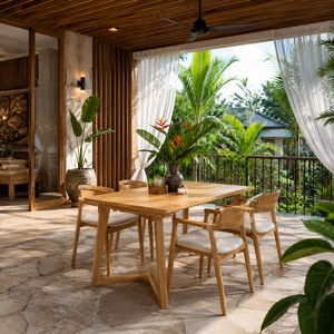 Ensemble de salle à manger scandinave moderne en teck 5 pièces avec chaises à dossier rembourré et table à pieds arqués pour la maison - Product Image 4