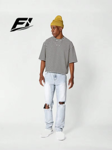 Camisetas Cortas de Alta Calidad para Hombre, a Rayas, 100% Algodón, Manga Corta, Corte Holgado, Transpirables, Ropa Urbana Personalizada al por Mayor, Estilo Americano - Product Image 4