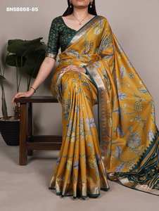 Fournisseur indien de collections de saris et de chemisiers en soie Tussar de qualité export, pour occasions spéciales, avec bordure en viscose et motifs imprimés. - Product Image 4