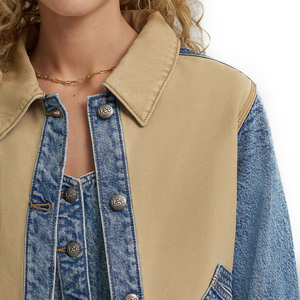 Denim Jacket With Tan Patchwork Turn-Down Collar Button Closure Short Length Casual Streetwear Style Unisex Autumn Wear - Product Image 3