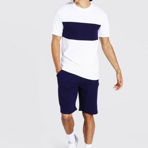 Men's <b>White</b> Short Sleeve O-Neck Knitted Casual <b>T</b>-<b>Shirt</b> With Navy Blue Color Block Contrast Trim Regular Fit Solid Design - Product Image 1