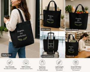 Bolsa de Tela con Diseño de Progreso, No Perfección, 15x12x6 Pulgadas, Negra, Cierre Magnético, Bolsillo Interior, Bolsa de Compras - Product Image 4