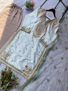 Ensemble Palazzo en Soie Crêpe Blanche de Qualité Supérieure avec Broderie de Sequins Riche et Dupatta en Tulle Papillon pour Mariage, Festival et Soirée - Product Image 4