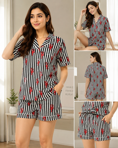 Vibrant Pink Crab Hand Block Print Night Suit Women Cotton Short Sleeve Shirt Shorts Set Casual Handmade Masterpiece Sleepwear - Product Image 5