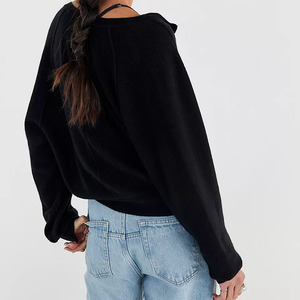 Suéter Henley de Algodón 100% Negro para Mujer, con Botones, Cuello Camisero, Hombros Caídos, Estilo Minimalista para Otoño, Venta al Por Mayor - Product Image 2