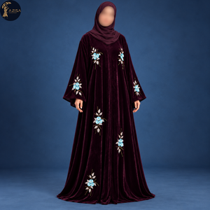 Tela de Terciopelo Borgoña con Bordado de Flores Azules con Lentejuelas |   Tela Suave con Adornos para una Elegante Abaya Floral - Product Image 1