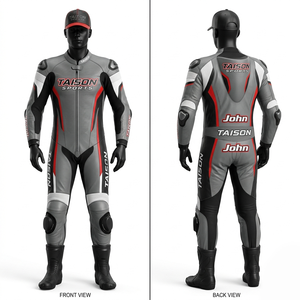 Traje de Motocicleta de Cuero Vacuno Premium de 13 mm y 1200 GSM, Diseño de Paneles Gris, Negro y Rojo, Logotipo Personalizado Impreso, Ajuste de Carreras - Product Image 1