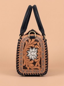 Custom Genuine Leather Weekender Handbag Embossed Floral Tote Duffel <b>Bag</b> Zipper Closure Travel <b>Overnight</b> Purse - Product Image 3