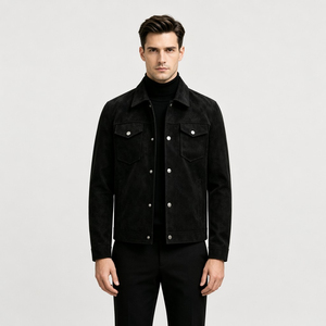 <b>Men's</b> Black <b>Suede</b> <b>Shirt</b> Jacket Turn Down Collar Button Up Casual Coat - Product Image 1