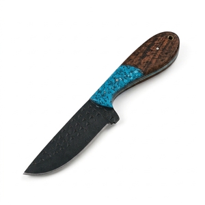 Couteau de chasse en acier au carbone thermolaqué avec manche en bois et résine turquoise, lame fixe, pour camping et extérieur, vente en gros, OEM - Product Image 1