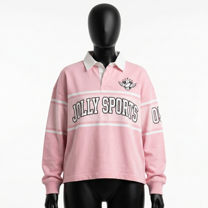 T-shirt femme oversize en jersey de coton premium 240 GSM, manches longues, rose, col polo, imprimé à rayures, logo, t-shirt respirant - Product Image 6