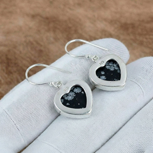 Handmade Snowflake Obsidian Gemstone <b>Earrings</b> Solid 925 <b>Sterling</b> <b>Heart</b> Cut Bezel Set Dangle <b>Earrings</b> Women's Everyday Wear - Product Image 3