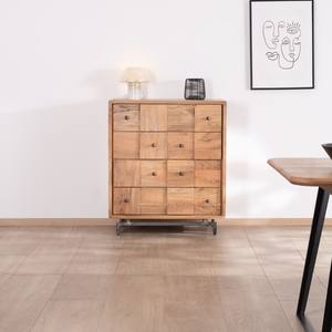 Cómoda de cuatro cajones Vandana Royal Aura con frentes con efecto de tablero de ajedrez en madera de acacia, diseño tipo rompecabezas, patas metálicas retro - Product Image 3