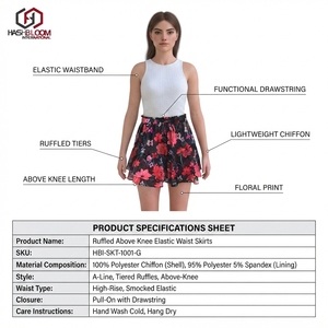 Women's Floral Ruffled Lightweight Breathable Above Knee <b>Elastic</b> <b>Waist</b> Boho Mini <b>Skirt</b> Summer Spring - Product Image 5