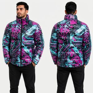Chaqueta Acolchada para Hombre Magenta Cyan Cyber Lines, Poliéster OEM, Costuras Reforzadas, Diseño Moderno - Product Image 1