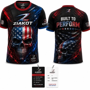 ZIAKOT industry New design Men's Custom Black Crimson-Blue 3D <b>Skull</b> With American Flag Performance T-Shirt - Product Image 1