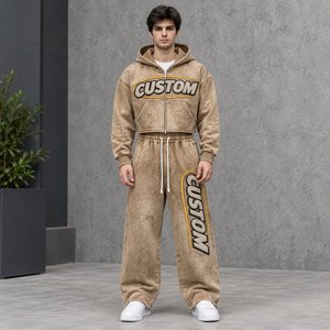 Conjunto Deportivo Premium Personalizado para Hombre con Pedrería y Chenilla, Sudadera con Cremallera Estilo Vintage Lavado Ácido y Pantalones Anchos, Ropa Urbana - Product Image 3