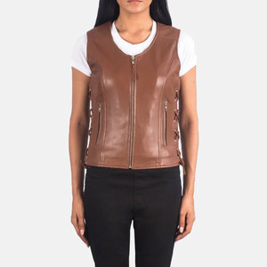 Premium <b>Women</b> <b>Brown</b> Real Leather <b>Vest</b> Side Lace Up Design Slim Fit Sheepskin Motorcycle Waistcoat Classic Biker Gilet - Product Image 1