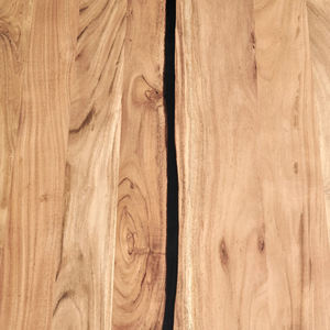 Plateau de table en bois d'acacia massif laqué avec bords naturels, deux pieds en métal mat, table de cuisine industrielle - Product Image 5