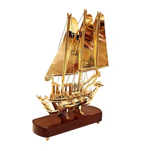 Gold Plated Brass Ship Sculpture Metal <b>Nautical</b> <b>Decor</b> Table Showpiece on Wooden Base for Home Office - Product Image 5