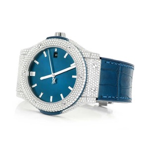 High <b>End</b> Men's Full Round Cut Diamond Watch Moissanite Custom Stick Blue Dial Premium Full Pave Watch in Lather Band - Product Image 3