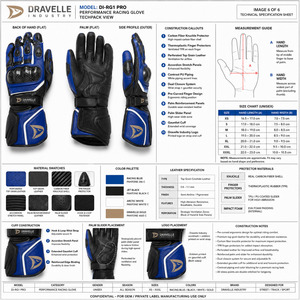 DRAVELLE INDUSTRY Racing Gloves Full Finger Leather Blue Black Adjustable Wrist <b>Strap</b> Hook And Loop Closure Outdoor Riding - Product Image 5