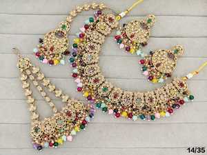 Ethnic Antique Gold Plated CZ Choker Necklace Set Beaded Drop <b>Floral</b> Cluster Bridal Jewelry Set With Earrings Mang Tika And Pasa - Product Image 3