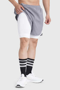 Shorts de sport athlétiques double couche pour homme, personnalisés, avec doublure intérieure de compression, cordon de serrage élastique à la taille et poche. - Product Image 2