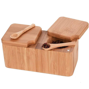 Boîte à épices de luxe carrée en bambou avec 2 pots pivotants pour sel et poivre, couvercle magnétique et mini-cuillère - Product Image 4