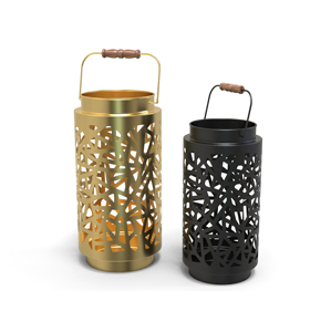 Cylindrical Metal <b>Lantern</b> With Geometric Cutouts <b>Gold</b> And Black Outdoor Home Decoration - Product Image 1