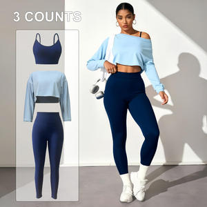2 Piece Yoga Set Solid Color Scoop Neck Full Sleeve Crop Top High Waist <b>Leggings</b> Spandex/Nylon Breathable Plus Size Quick Front - Product Image 1