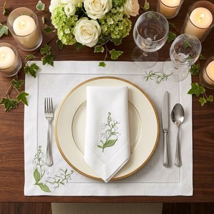 Luxury Embroidered Floral Cotton <b>Placemat</b> and Napkin Set - Chic Lily of Valley Table Setting Decor for Christmas & Dinner Partie - Product Image 1