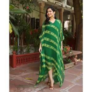 Kaftan Bohème Vert Beryl à Manches 3/4, Silhouette Fourreau Respirante, Longueur Midi, Tissu Mousseline - Product Image 3