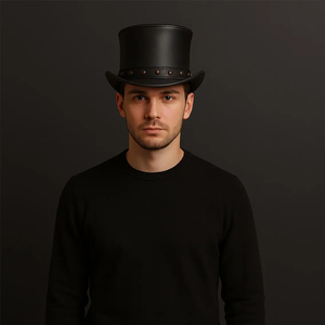 Handcrafted Black Leather Top <b>Hat</b> Steampunk with Studded <b>Band</b> Bold Western Gothic - Product Image 4