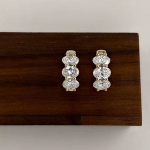 Lab Grown Three Oval Cut Diamonds Huggie <b>Hoop</b> <b>Earrings</b> with 14K <b>Solid</b> Gold Jewelry Engagement for Womens Charm Gift - Product Image 1