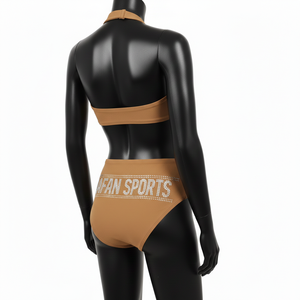 ชุดบิกินี่ไนลอนสแปนเด็กซ์ GSM คุณภาพสูง สีน้ำตาลอ่อน เนื้อผ้ายืดหยุ่นเรียบ ประดับด้วยคริสตัล  รับสกรีนโลโก้ตามแบบ ชุดบิกินี่สำหรับผู้หญิง - Product Image 5