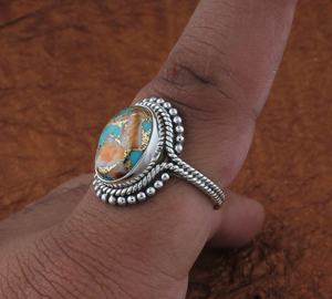 Vintage Style Spiny Oyster Copper <b>Turquoise</b> Silver <b>Ring</b> Unique Multi-Color Gemstone Jewelry Antique Finish 925 Silver Boho <b>Ring</b> - Product Image 4