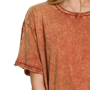 T-shirt oversize tie-dye à manches courtes pour femme, col rond décontracté, tricoté 100 % coton, couleur unie, longueur longue, style vintage - Product Image 6