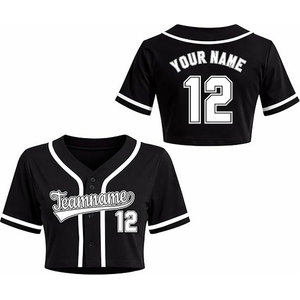 Maillot de baseball court pour femme, personnalisable avec nom et numéro, boutonné, pour softball, uniforme d'équipe, crop top respirant, couleur noire - Product Image 4
