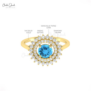 Anillo de compromiso Chordia Jewels de oro sólido de 14k con topacio azul suizo y halo de diamantes para mujer, estilo floral vintage, joyería fina con piedras preciosas. - Product Image 4
