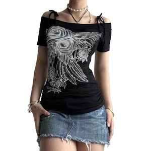 Custom Women Gothic Graphic Print Baby Tee Halter Cut Out Short Sleeve Slim Fit T Shirt Y2K Punk Dark Grunge Streetwear <b>Top</b> - Product Image 6